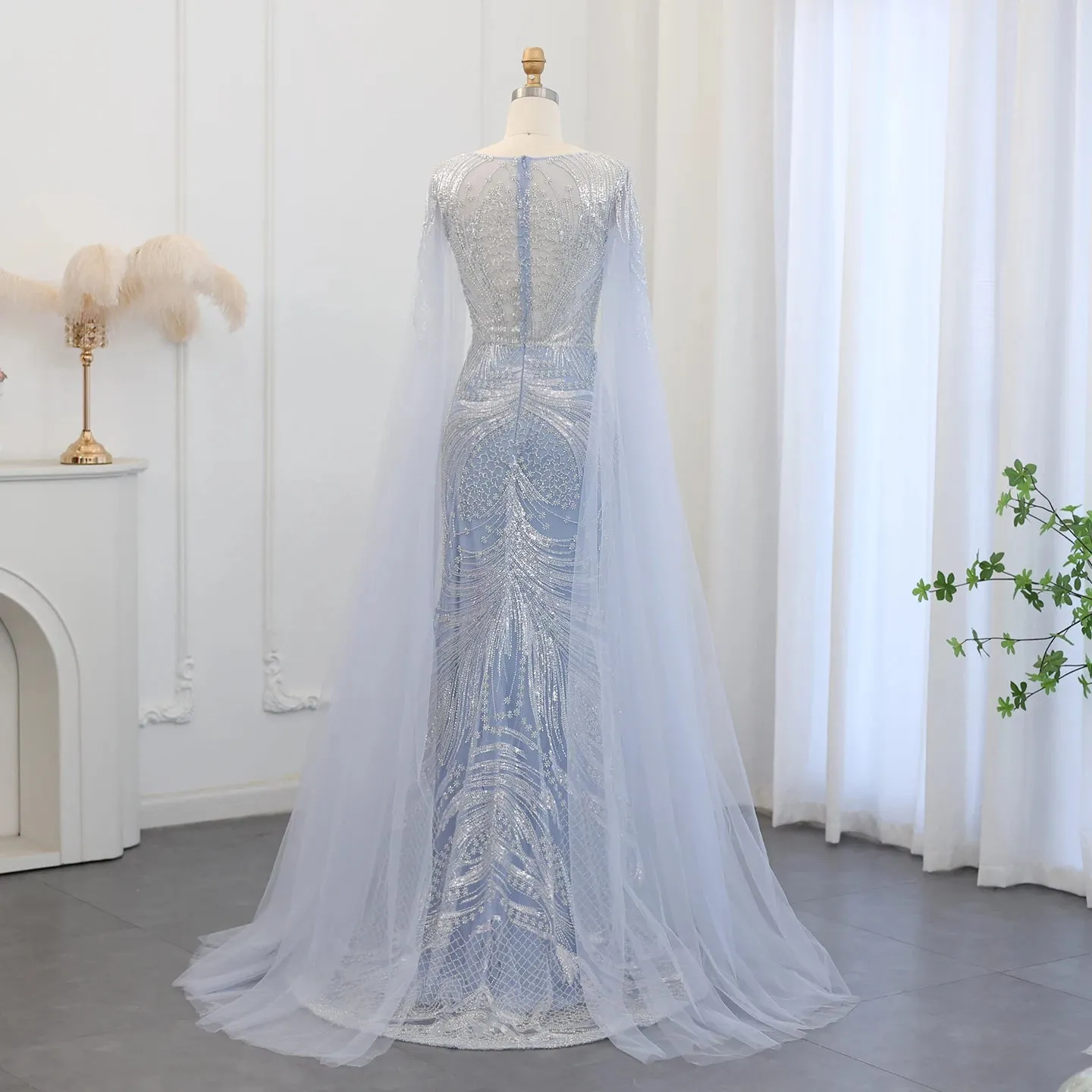 HELEN Luxury Lilac Mermaid Evening Dress with Cape Sleeves