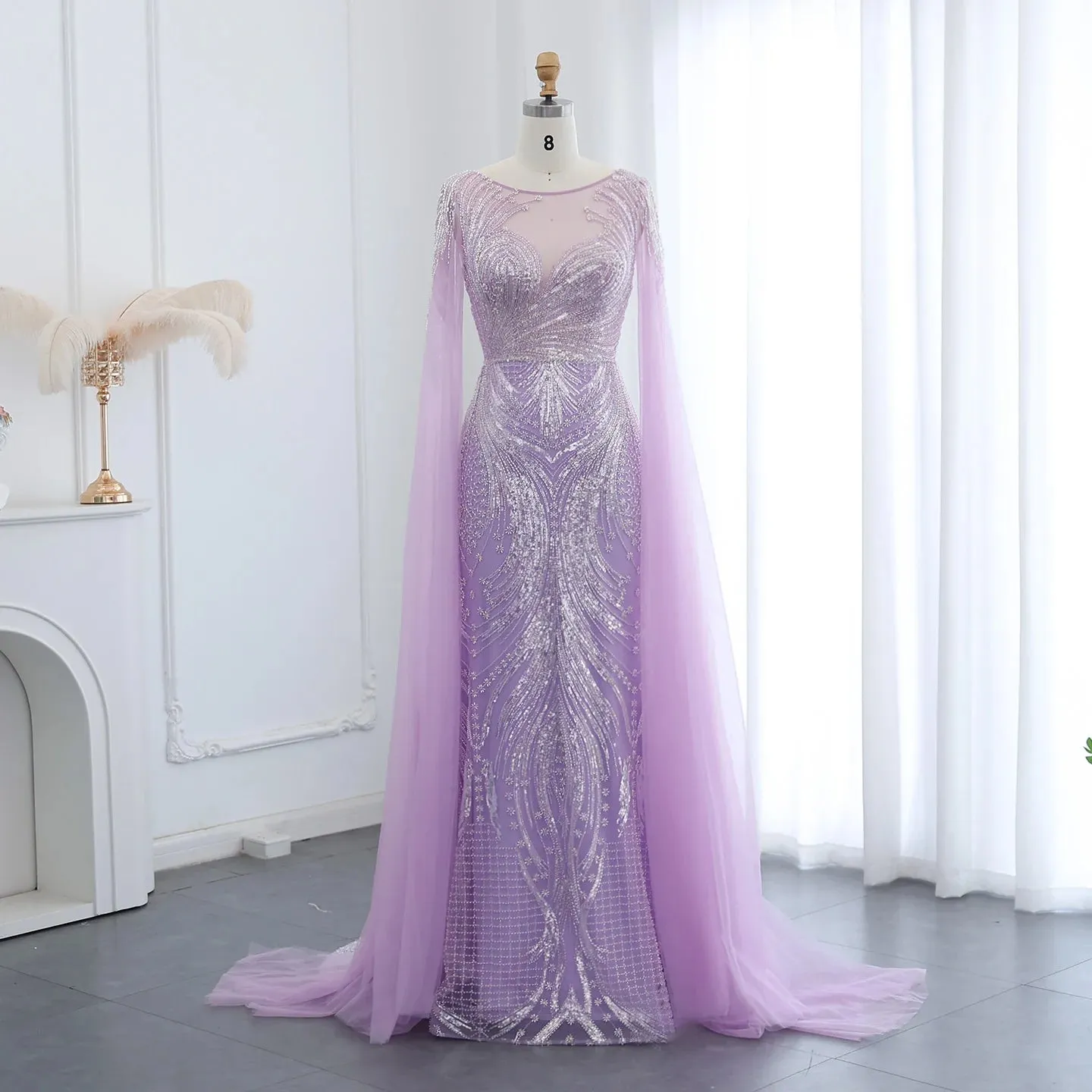 HELEN Luxury Lilac Mermaid Evening Dress with Cape Sleeves