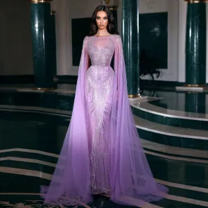 HELEN Luxury Lilac Mermaid Evening Dress with Cape Sleeves