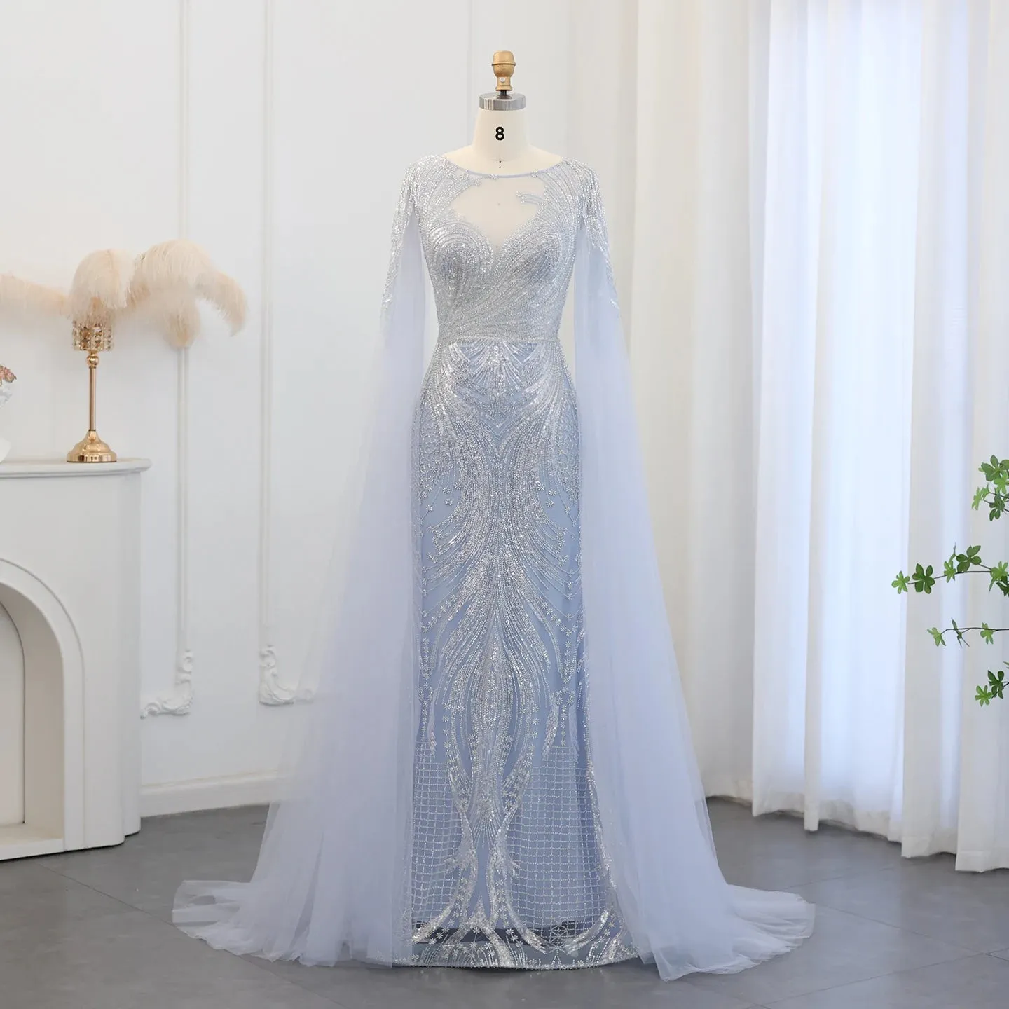 HELEN Luxury Lilac Mermaid Evening Dress with Cape Sleeves