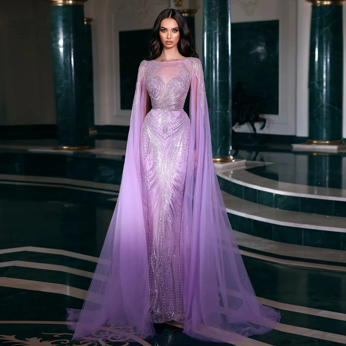 HELEN Luxury Lilac Mermaid Evening Dress with Cape Sleeves