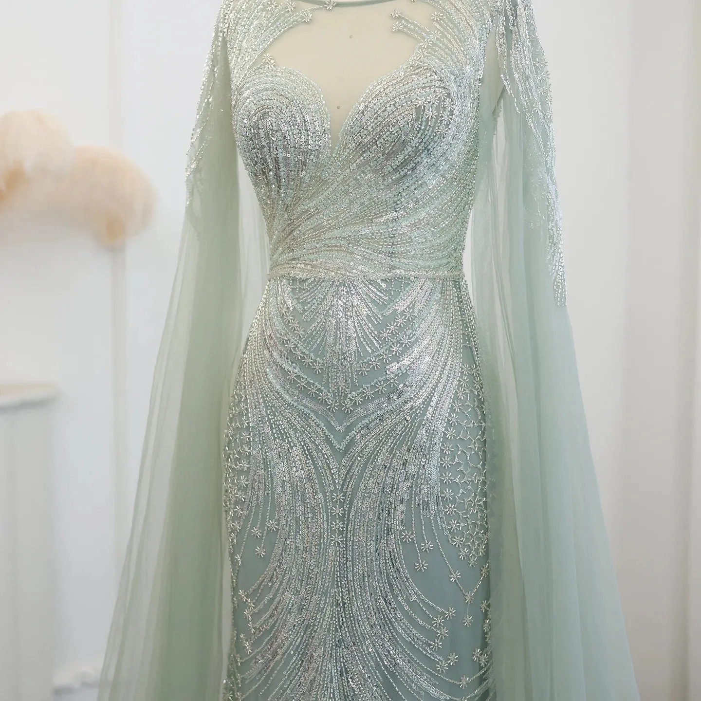 HELEN Luxury Lilac Mermaid Evening Dress with Cape Sleeves