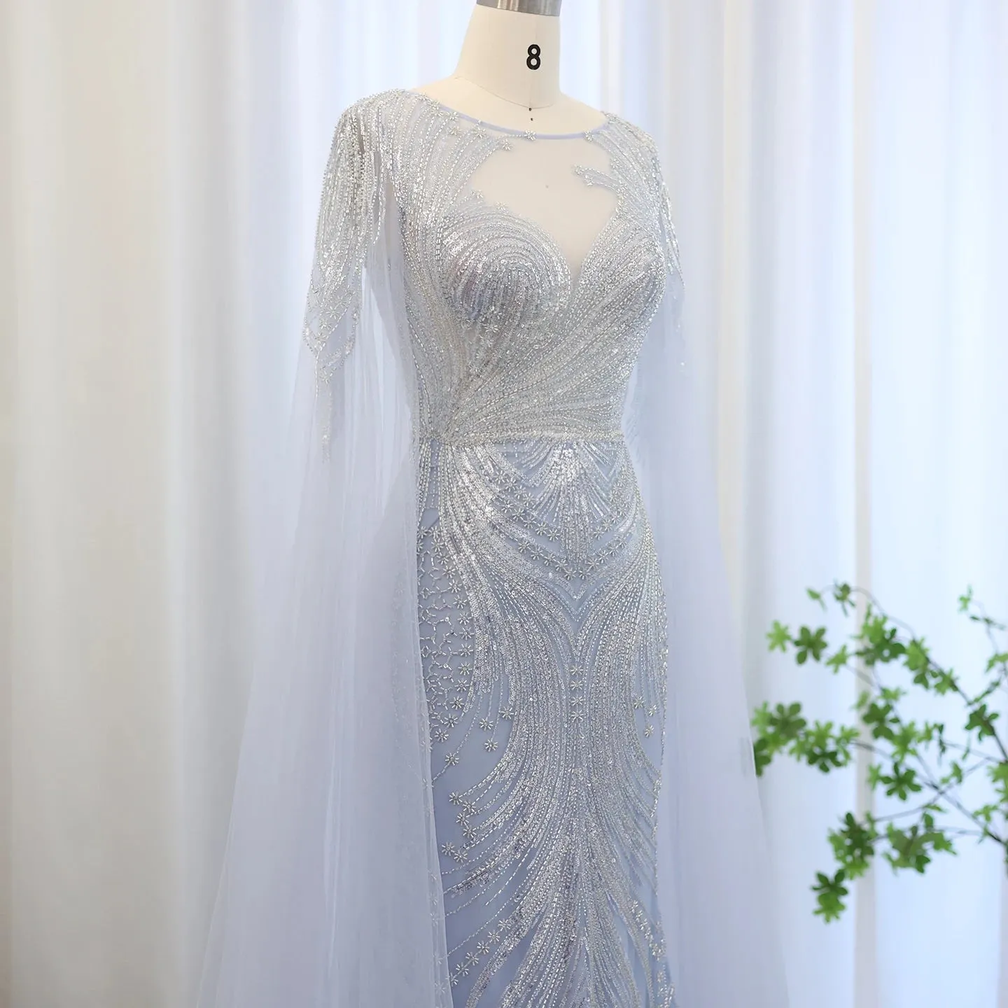 HELEN Luxury Lilac Mermaid Evening Dress with Cape Sleeves