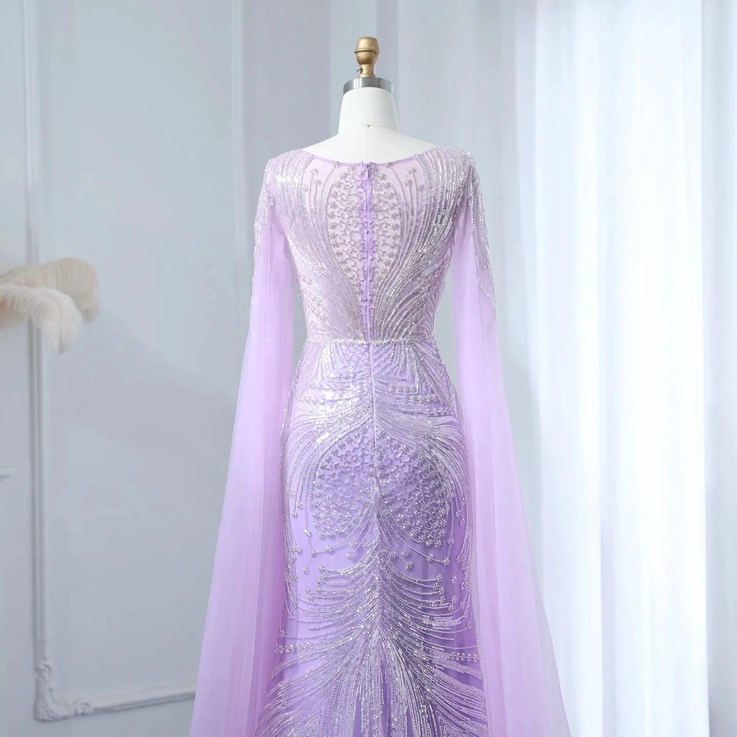 HELEN Luxury Lilac Mermaid Evening Dress with Cape Sleeves