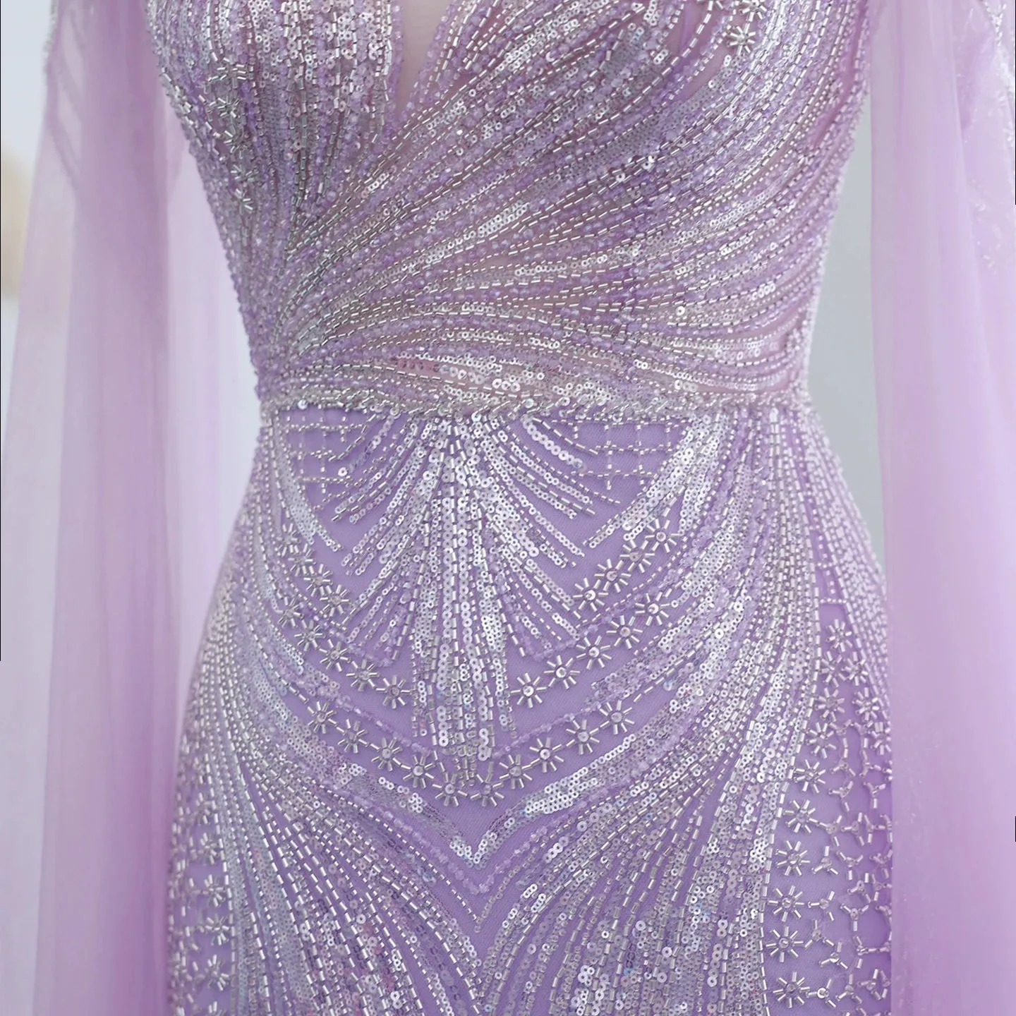 HELEN Luxury Lilac Mermaid Evening Dress with Cape Sleeves