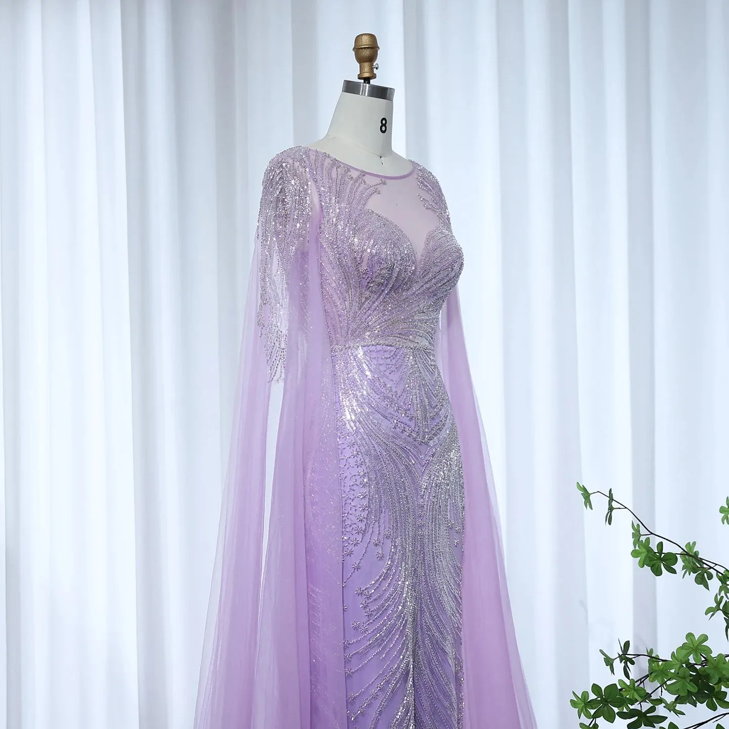 HELEN Luxury Lilac Mermaid Evening Dress with Cape Sleeves