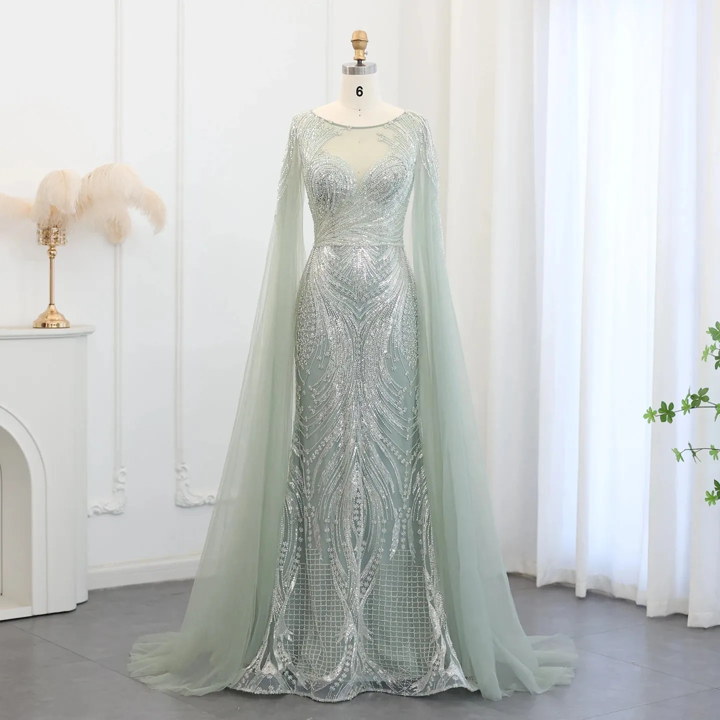 HELEN Luxury Lilac Mermaid Evening Dress with Cape Sleeves