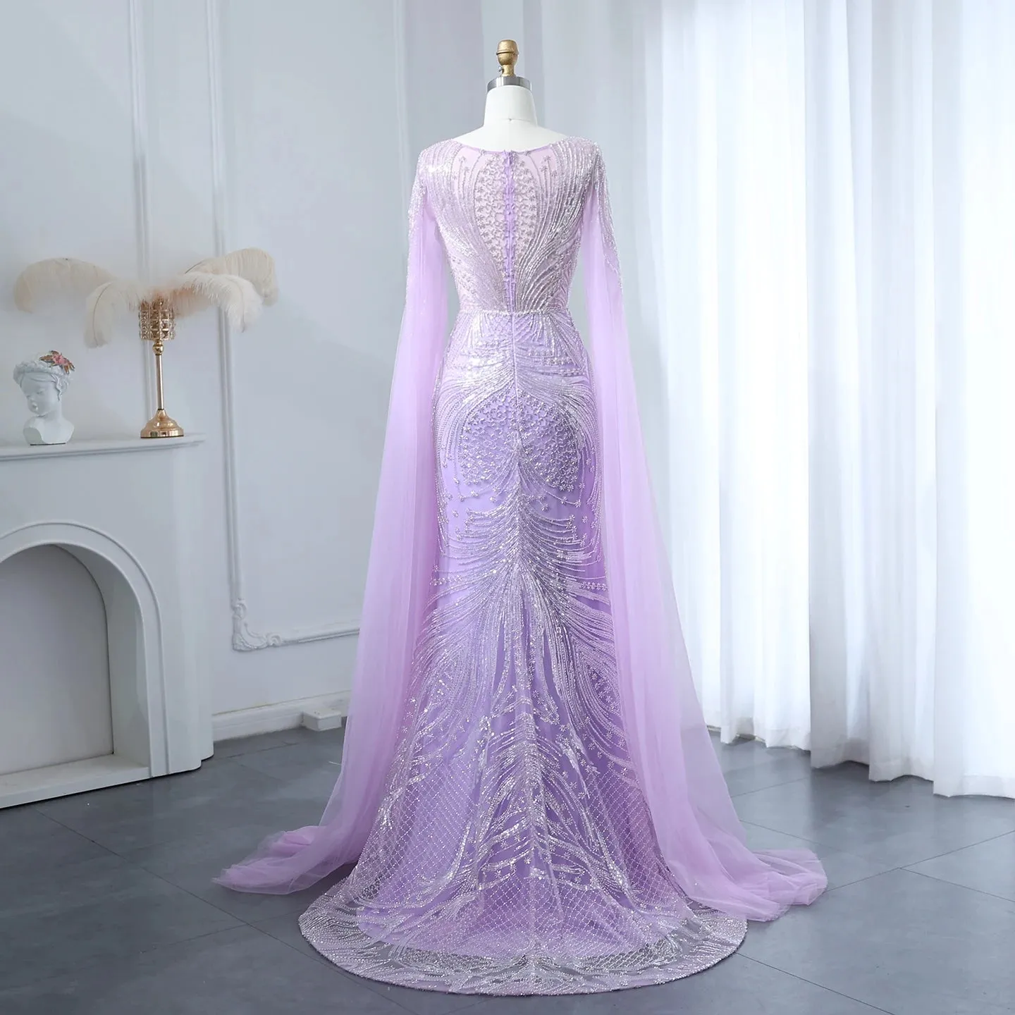 HELEN Luxury Lilac Mermaid Evening Dress with Cape Sleeves
