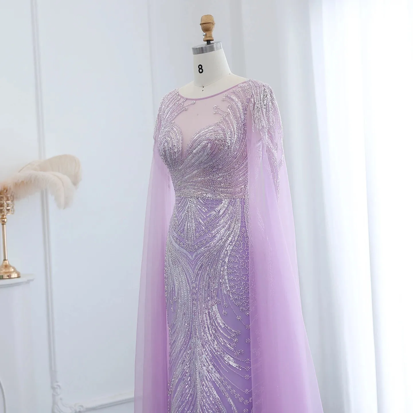 HELEN Luxury Lilac Mermaid Evening Dress with Cape Sleeves