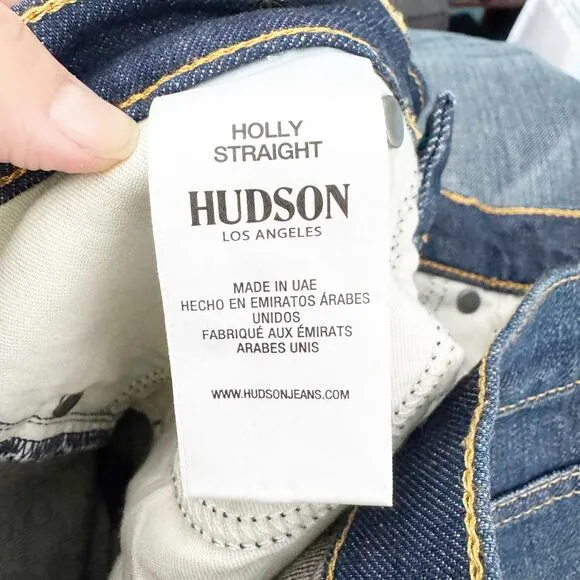 Hudson Holly High Rise Straight Cropped Jeans Raw Hem Dark Wash Classic Size 28