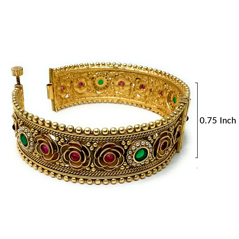 Indian Gold Plated Bangle Bracelet Set in Flower Design with Red Green Zircon Tiny Pearls - Womens Gift Bridal Wedding Shower - Duel On Jewel