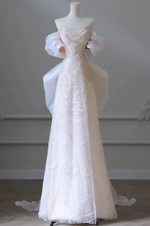 JazzHer Elegant Off The Shoulder Light Pink Beaded Luxury Evening Dress Prom Dresses (PRE-ORDER)