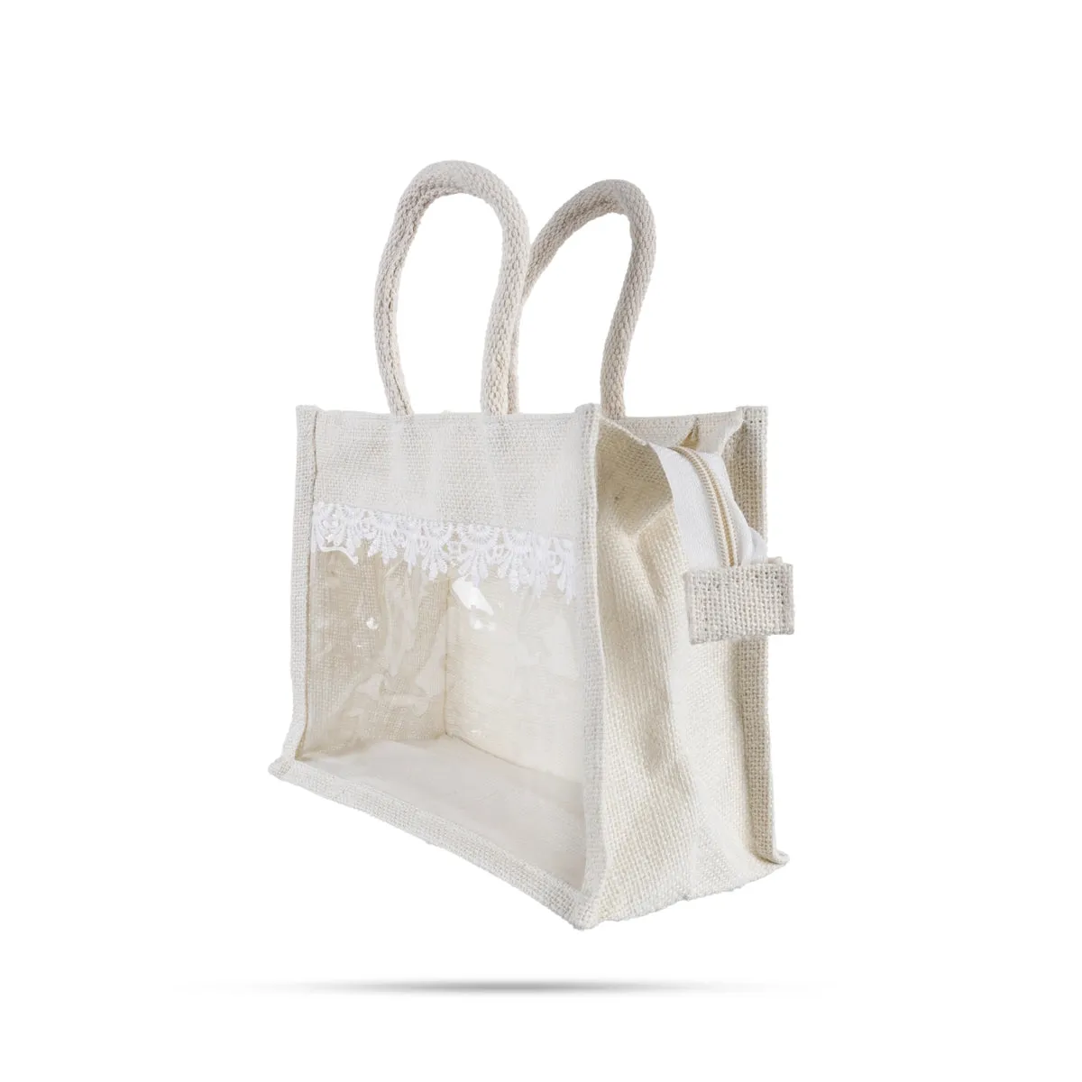 Jute Bag With Zip - 12 x 10 Inches | Transparent Cover Gift Bag/ Lace Design Jute Carry Bag for Return Gift