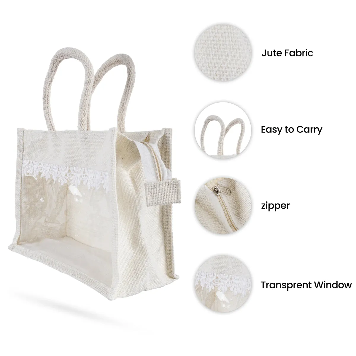 Jute Bag With Zip - 12 x 10 Inches | Transparent Cover Gift Bag/ Lace Design Jute Carry Bag for Return Gift