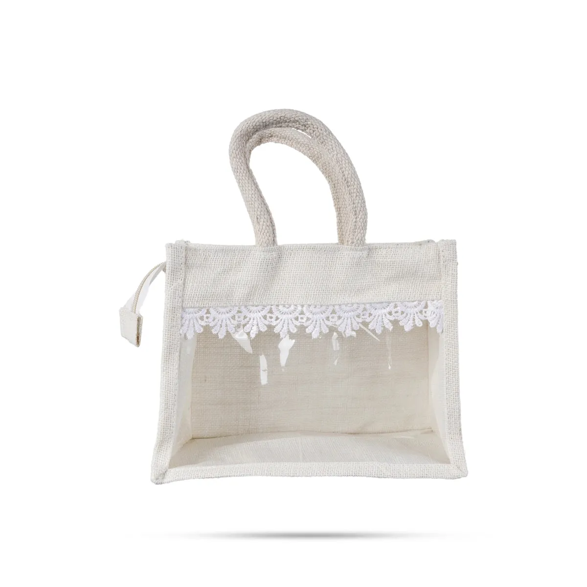 Jute Bag With Zip - 12 x 10 Inches | Transparent Cover Gift Bag/ Lace Design Jute Carry Bag for Return Gift