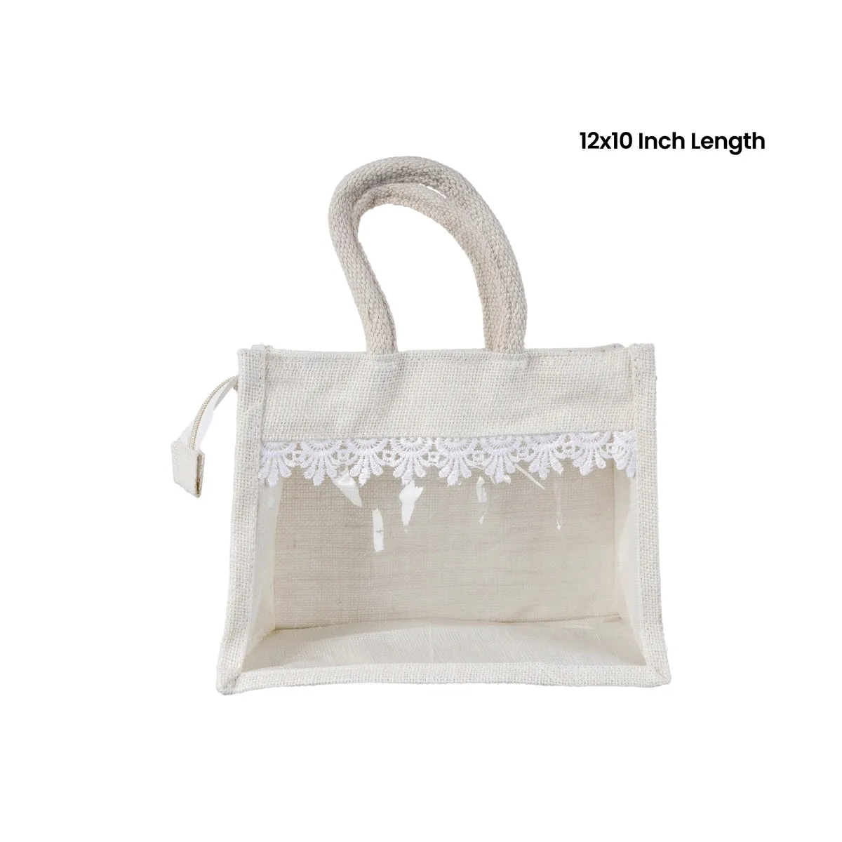 Jute Bag With Zip - 12 x 10 Inches | Transparent Cover Gift Bag/ Lace Design Jute Carry Bag for Return Gift