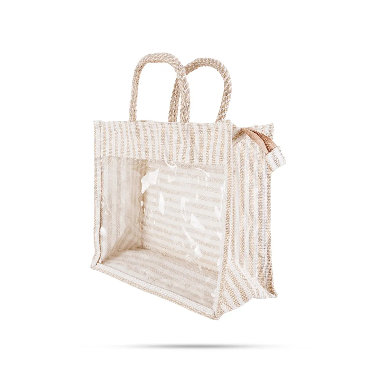 Jute Bag With Zip - 12 x 10 Inches | Transparent Cover Gift Bag/ White Stripes Design Jute Handbag for Wedding