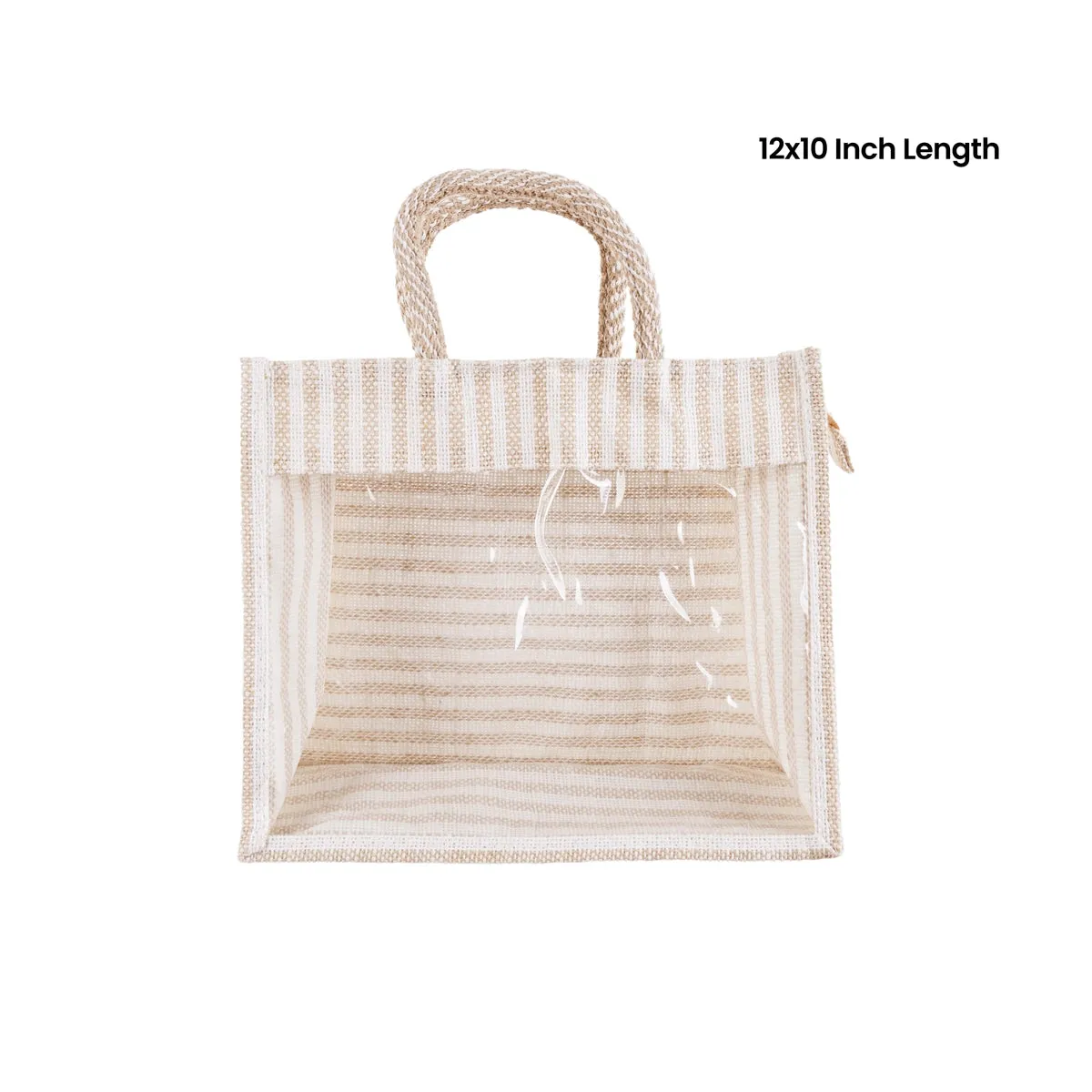 Jute Bag With Zip - 12 x 10 Inches | Transparent Cover Gift Bag/ White Stripes Design Jute Handbag for Wedding