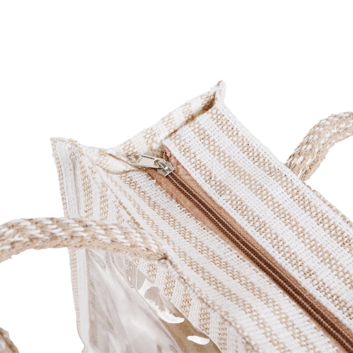 Jute Bag With Zip - 12 x 10 Inches | Transparent Cover Gift Bag/ White Stripes Design Jute Handbag for Wedding