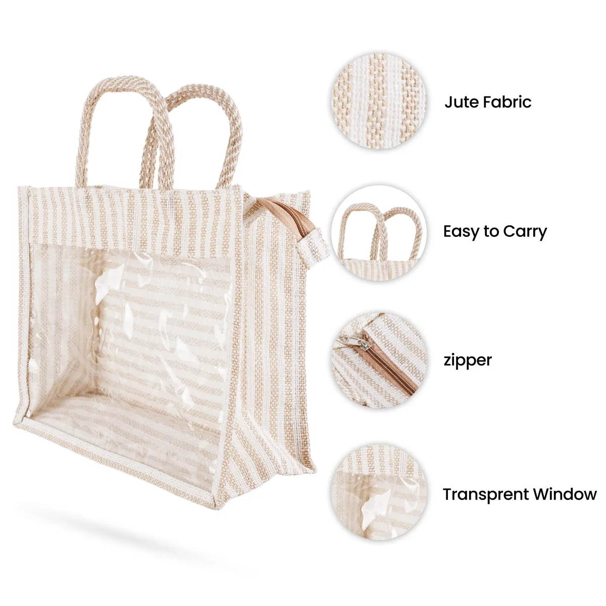 Jute Bag With Zip - 12 x 10 Inches | Transparent Cover Gift Bag/ White Stripes Design Jute Handbag for Wedding