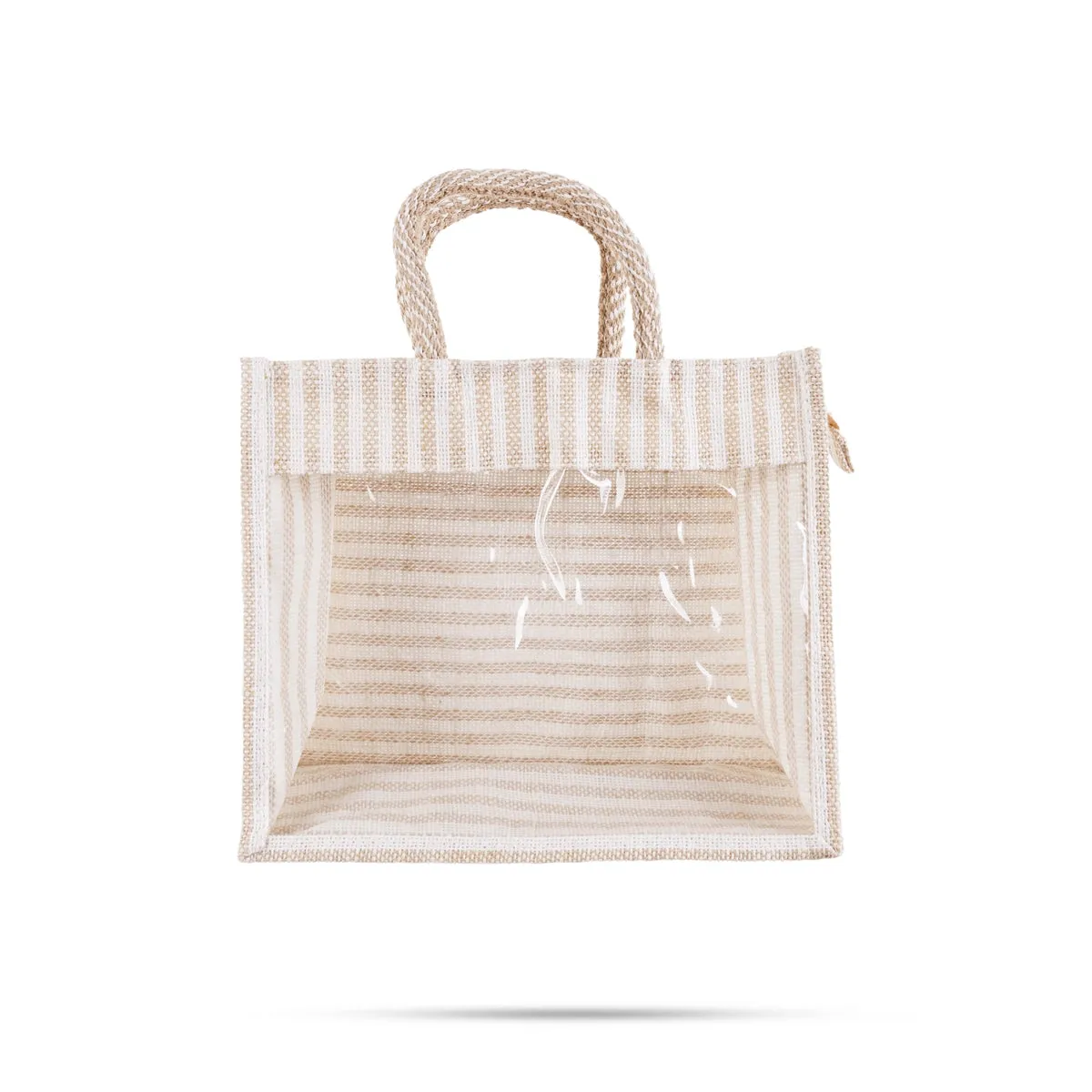 Jute Bag With Zip - 12 x 10 Inches | Transparent Cover Gift Bag/ White Stripes Design Jute Handbag for Wedding
