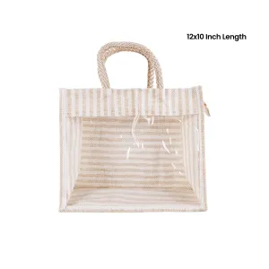 Jute Bag With Zip - 12 x 10 Inches | Transparent Cover Gift Bag/ White Stripes Design Jute Handbag for Wedding