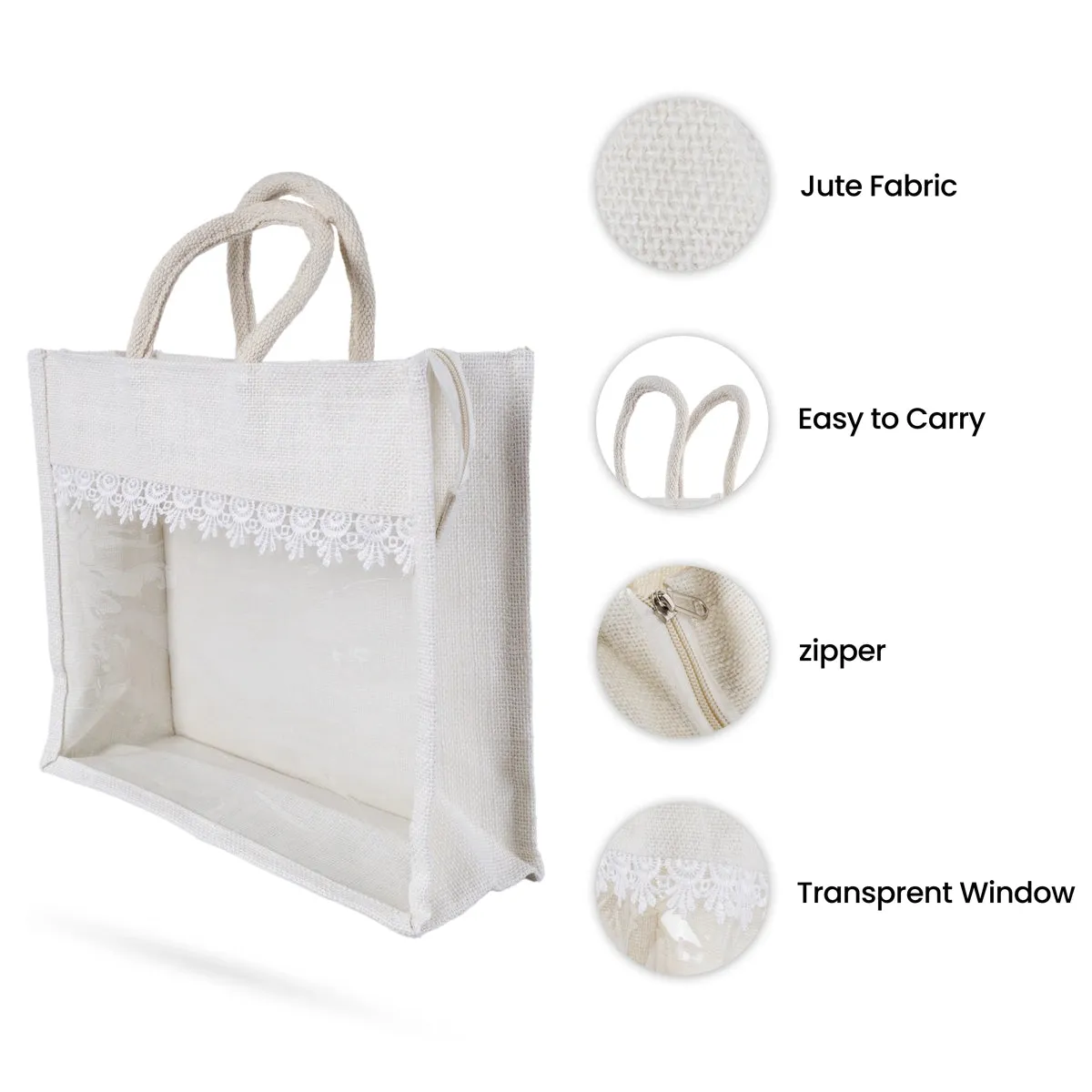 Jute Bag With Zip - 12 x 14 Inches | Transparent Cover Gift Bag/ Lace Design Jute Carry Bag for Return Gift