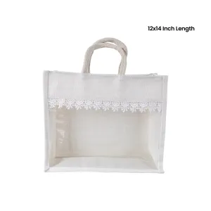 Jute Bag With Zip - 12 x 14 Inches | Transparent Cover Gift Bag/ Lace Design Jute Carry Bag for Return Gift