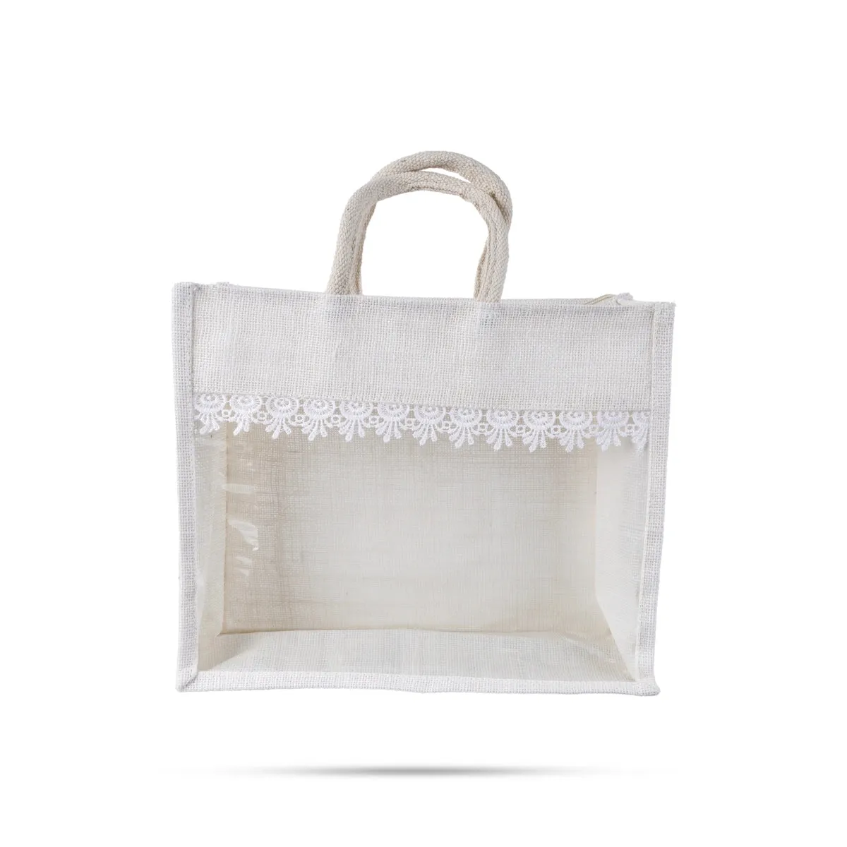Jute Bag With Zip - 12 x 14 Inches | Transparent Cover Gift Bag/ Lace Design Jute Carry Bag for Return Gift