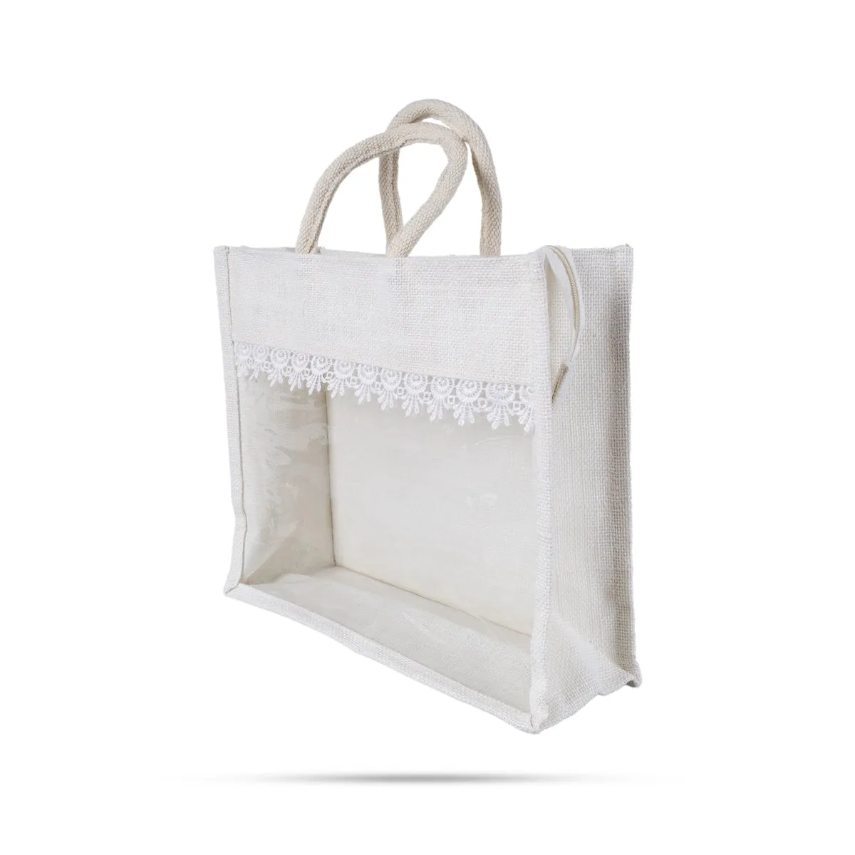 Jute Bag With Zip - 12 x 14 Inches | Transparent Cover Gift Bag/ Lace Design Jute Carry Bag for Return Gift