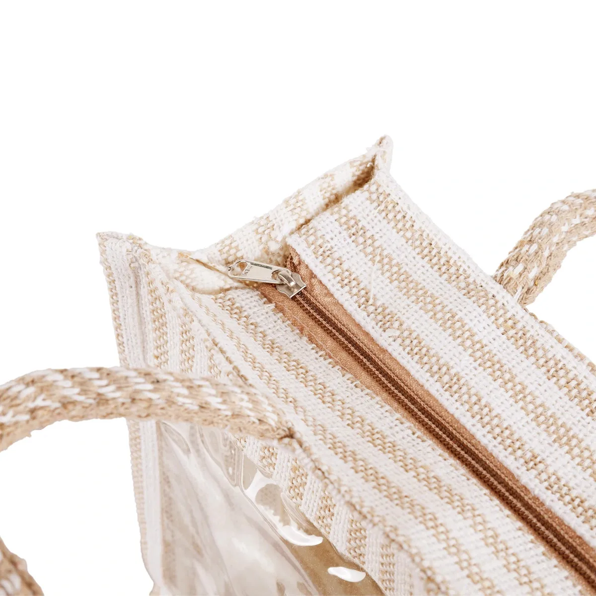Jute Bag With Zip - 12 x 14 Inches | Transparent Cover Gift Bag/ White Stripes Design Jute Handbag for Wedding