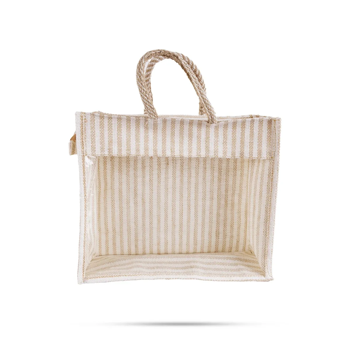 Jute Bag With Zip - 12 x 14 Inches | Transparent Cover Gift Bag/ White Stripes Design Jute Handbag for Wedding