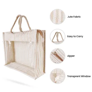 Jute Bag With Zip - 12 x 14 Inches | Transparent Cover Gift Bag/ White Stripes Design Jute Handbag for Wedding