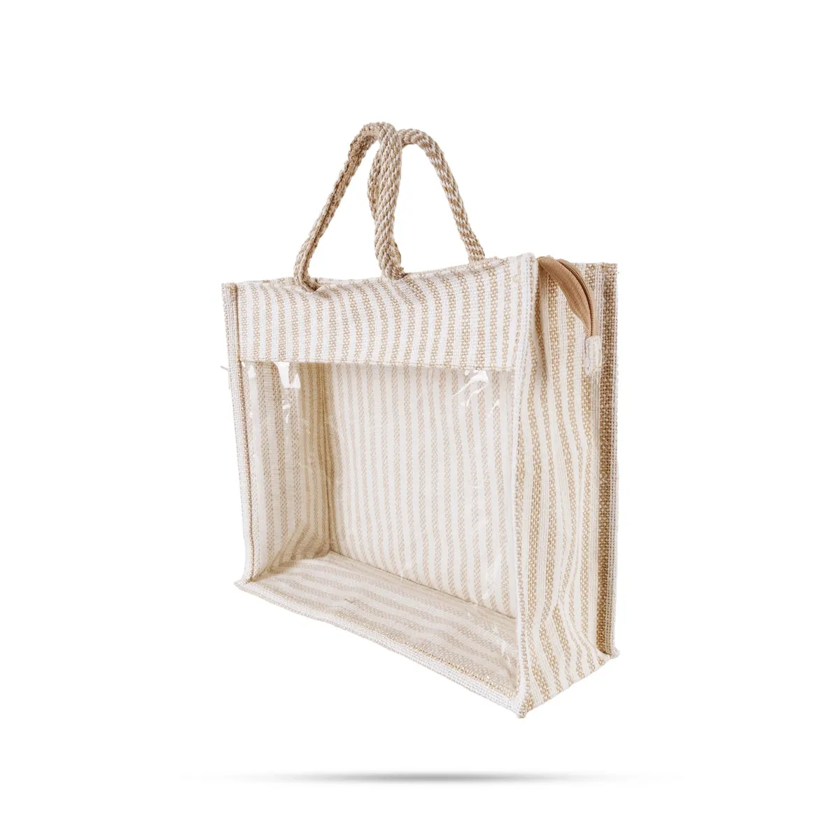 Jute Bag With Zip - 12 x 14 Inches | Transparent Cover Gift Bag/ White Stripes Design Jute Handbag for Wedding