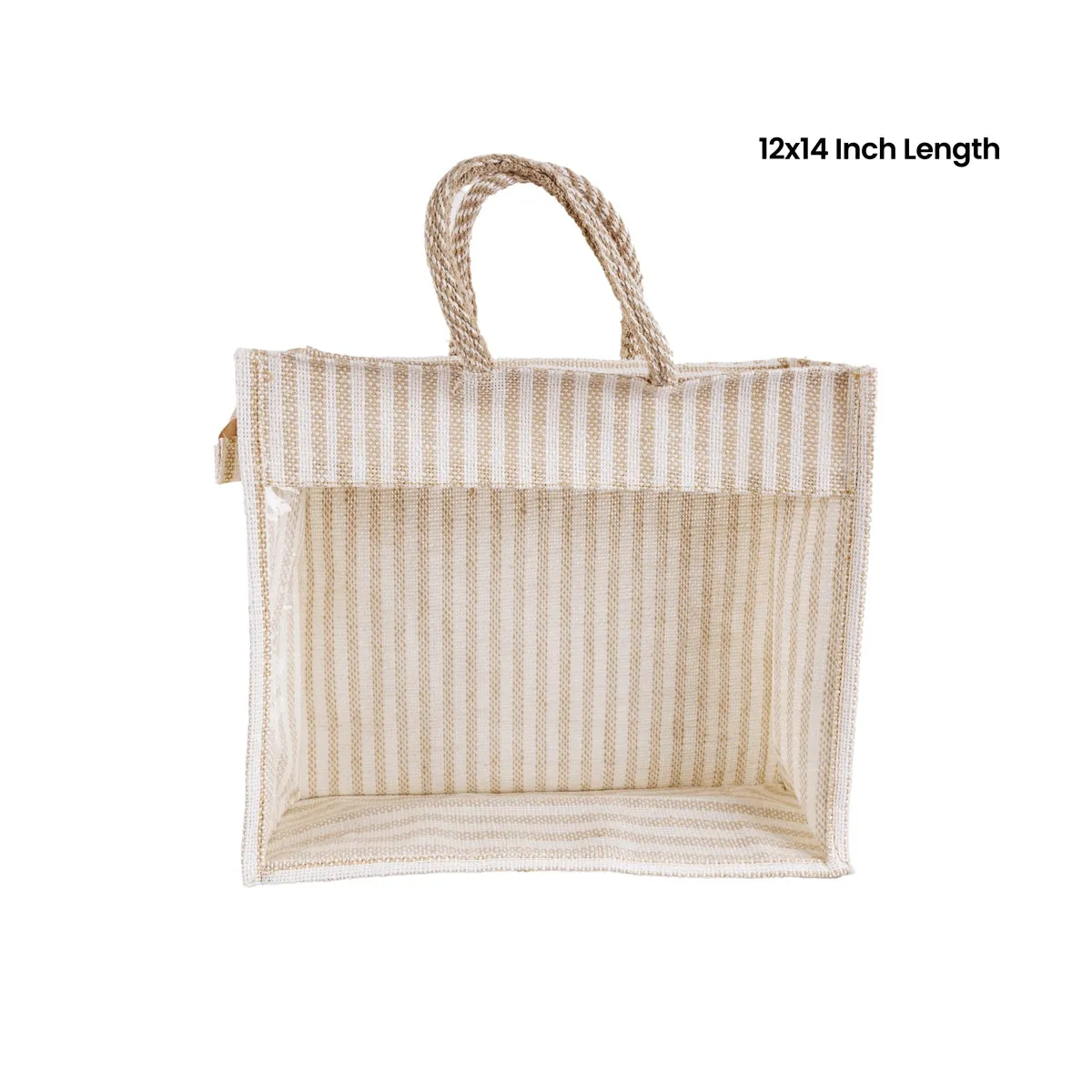 Jute Bag With Zip - 12 x 14 Inches | Transparent Cover Gift Bag/ White Stripes Design Jute Handbag for Wedding