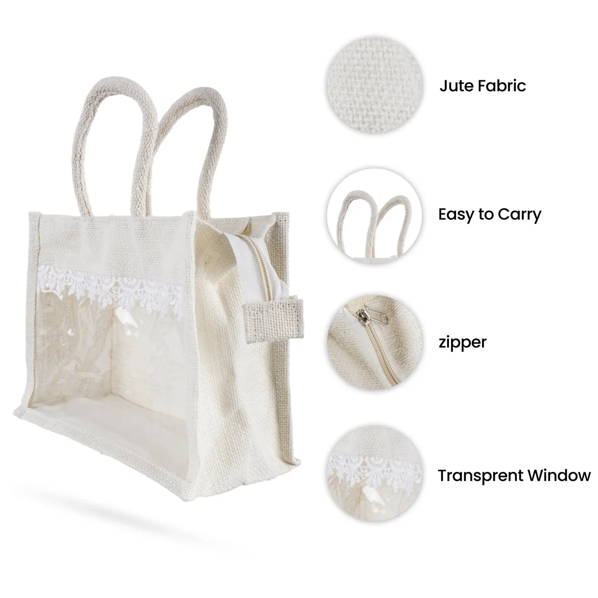 Jute Bag With Zip - 8 x 10 Inches | Transparent Cover Gift Bag/ Lace Design Jute Carry Bag for Return Gift