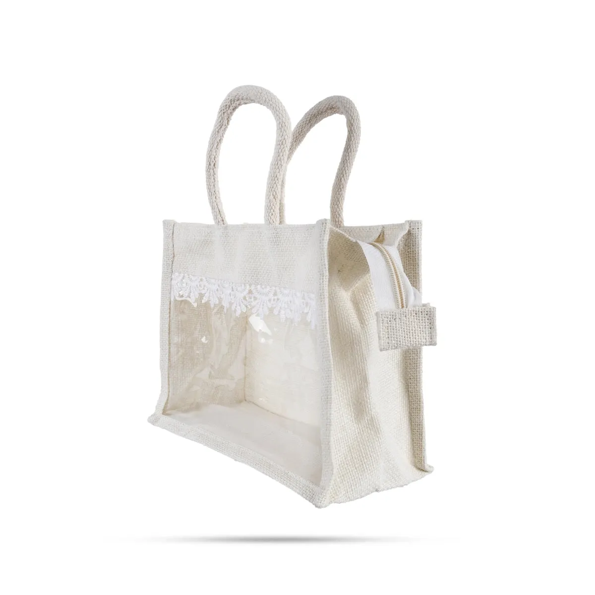 Jute Bag With Zip - 8 x 10 Inches | Transparent Cover Gift Bag/ Lace Design Jute Carry Bag for Return Gift