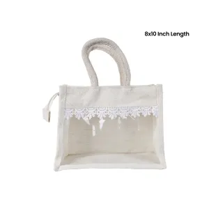 Jute Bag With Zip - 8 x 10 Inches | Transparent Cover Gift Bag/ Lace Design Jute Carry Bag for Return Gift