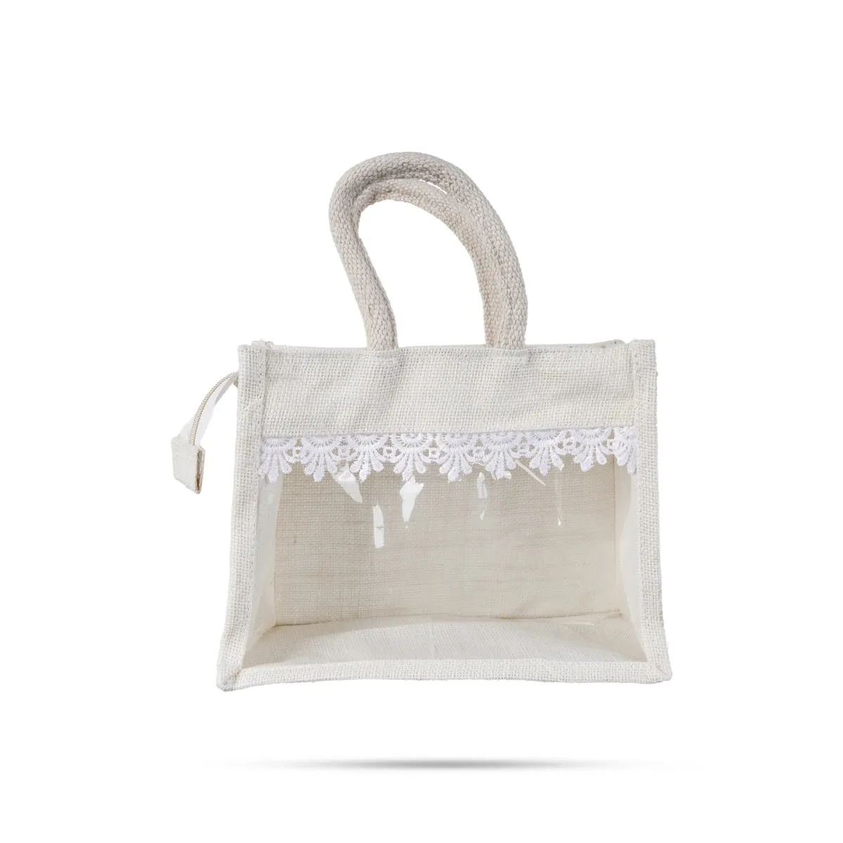 Jute Bag With Zip - 8 x 10 Inches | Transparent Cover Gift Bag/ Lace Design Jute Carry Bag for Return Gift
