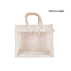 Jute Bag With Zip - 8 x 10 Inches | Transparent Cover Gift Bag/ White Stripes Design Jute Handbag for Return Gift