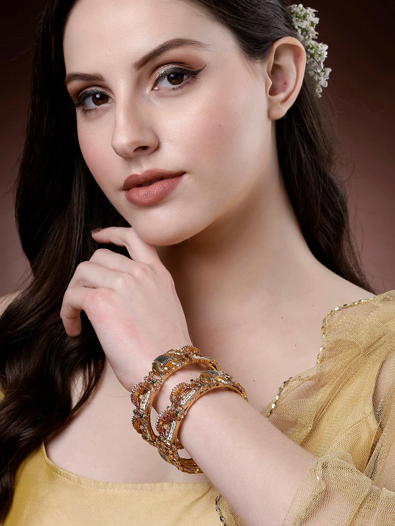 Karatcart Set of 2 Gold Plated Bride Doli and Elephant Design Meena Bangles for Women