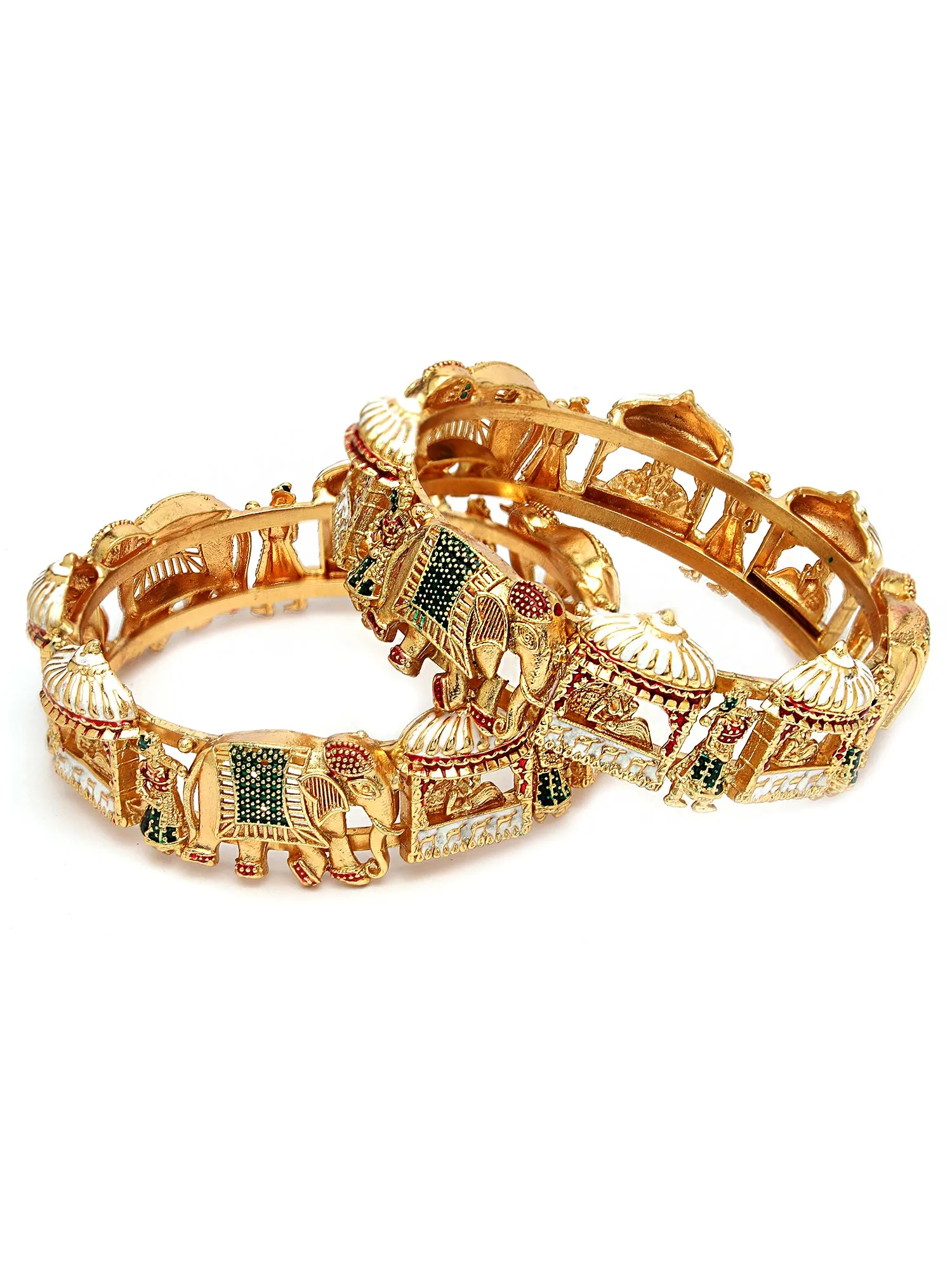 Karatcart Set of 2 Gold Plated Bride Doli and Elephant Design Meena Bangles for Women