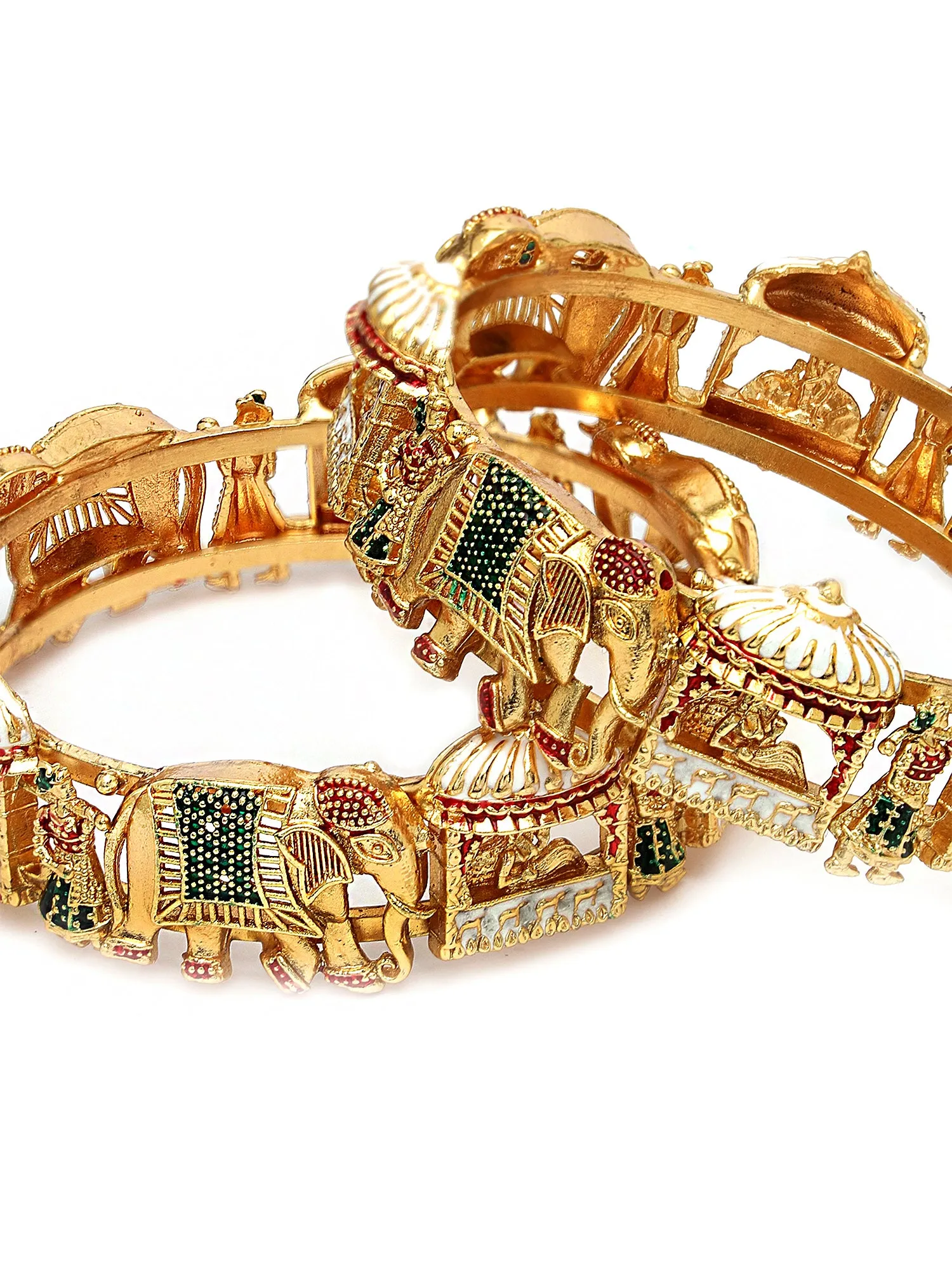 Karatcart Set of 2 Gold Plated Bride Doli and Elephant Design Meena Bangles for Women