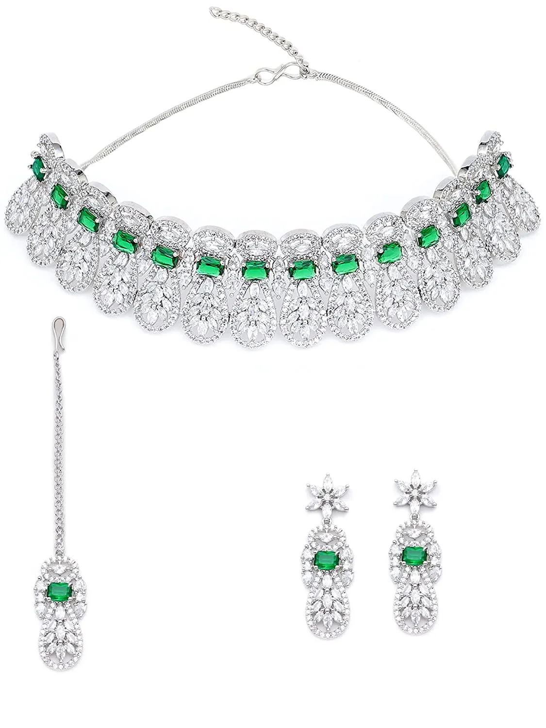 Karatcart Silver Tone Green American Diamond Studded Necklace Set