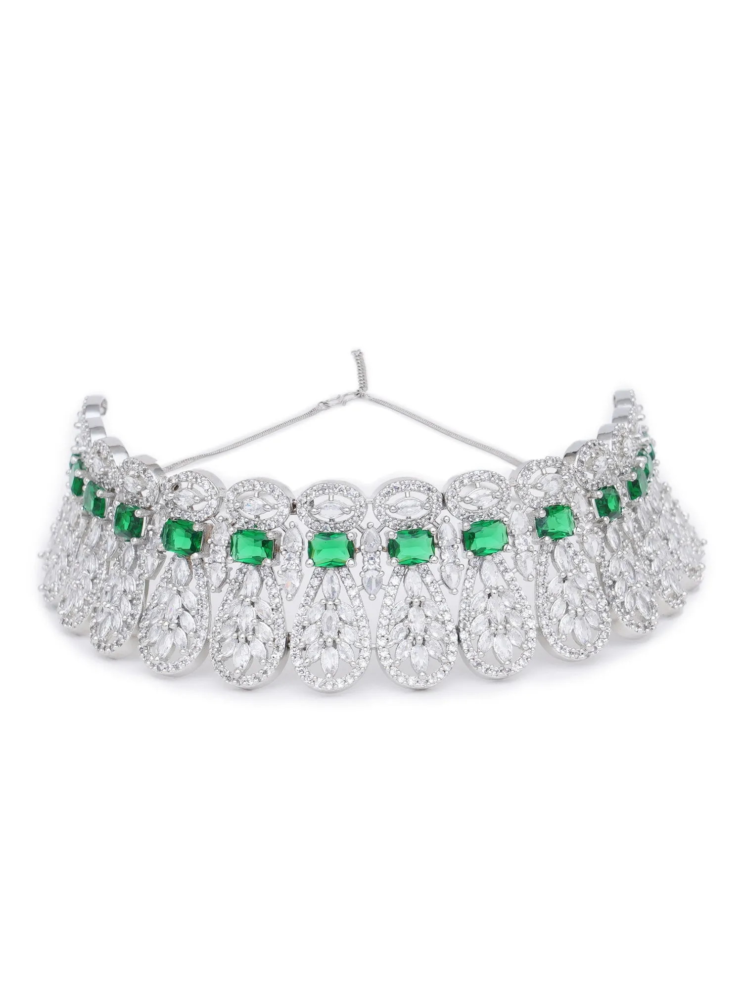 Karatcart Silver Tone Green American Diamond Studded Necklace Set