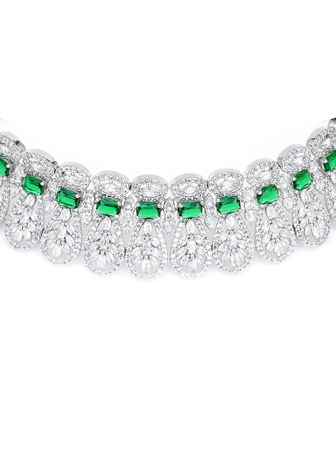 Karatcart Silver Tone Green American Diamond Studded Necklace Set