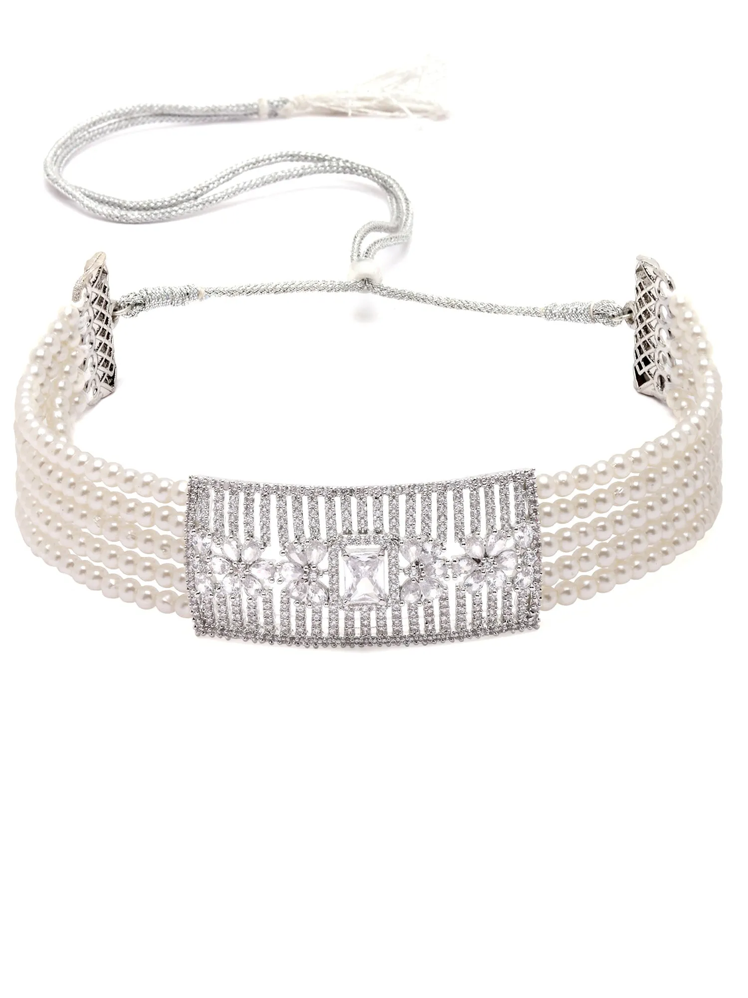 Karatcart Silver Tone Pearl Beaded Cubic Zirconia Choker Necklace Set for Women