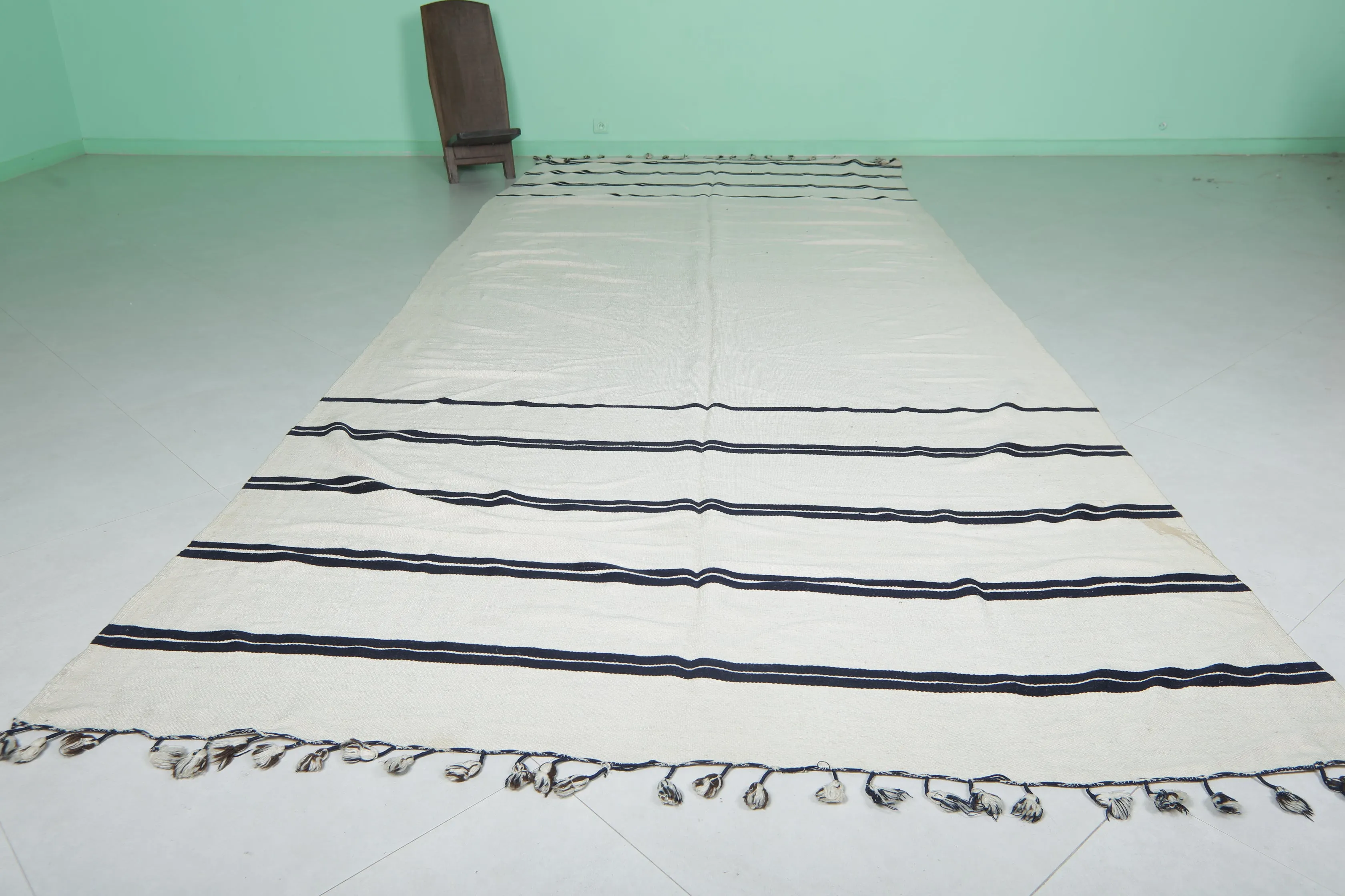 Large Handwoven Kilim Rug - Black Striped Design | 6.5 FT X 15.5 FT