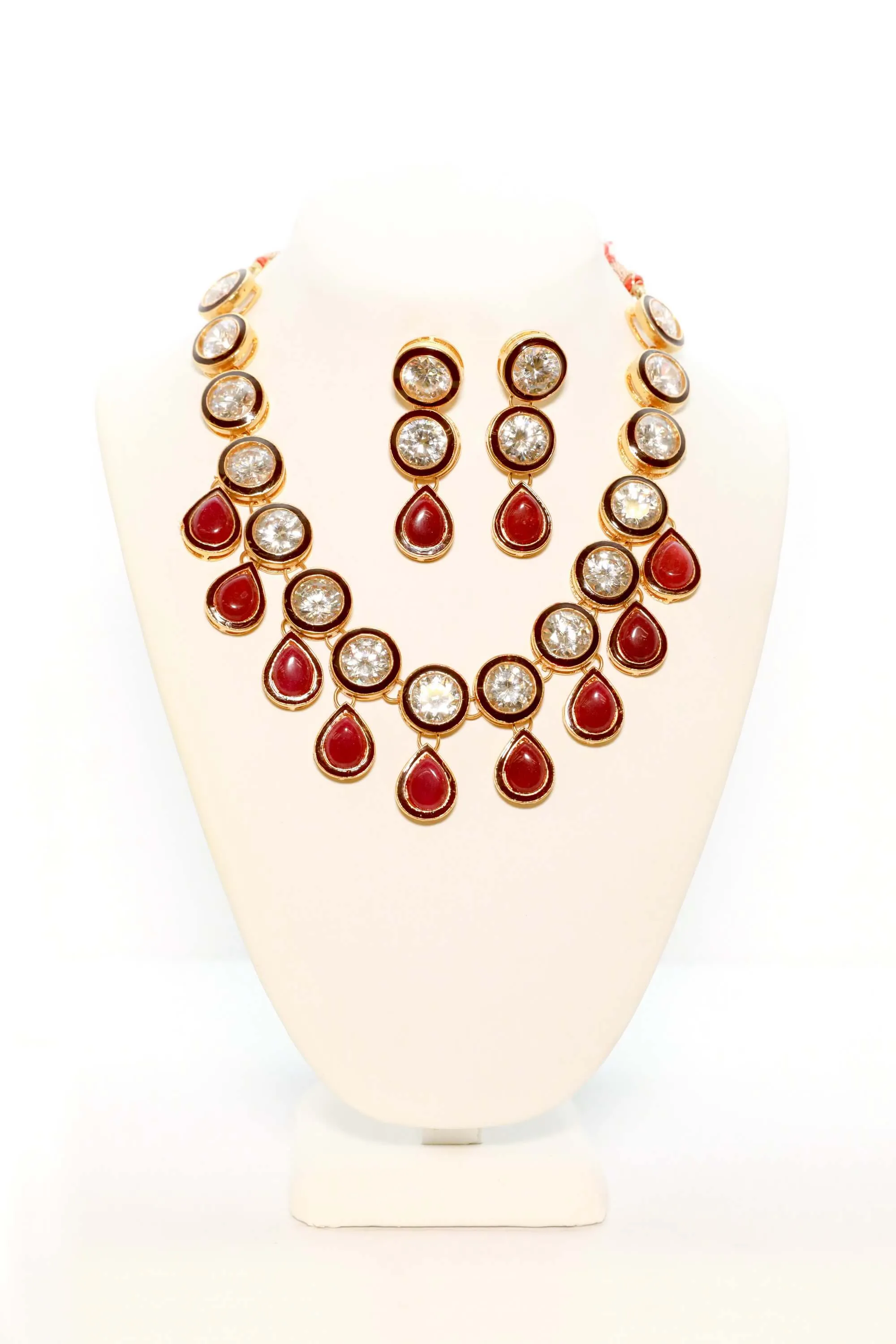 Large Maroon & Crystal Stones Necklace Set