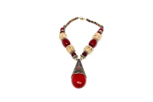 Large Red Stone and Metal Necklace